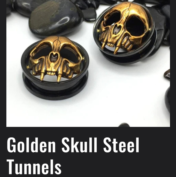 Other - 10MM 00G Golden Skull Steel Black Tunnel Plugs